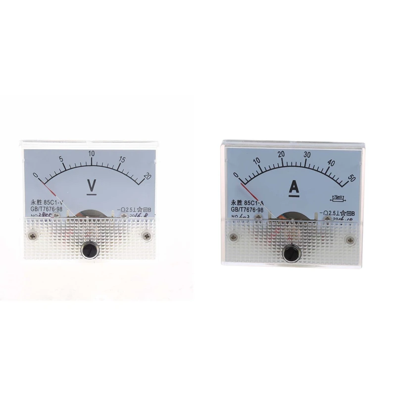 

New 1 Pcs DC 0-20V 85C1-V Class 2.5 Voltmeter Analog Volt Panel & 1 Pcs 85C1 DC 0-50A Rectangle Analog Panel Ammeter Gauge