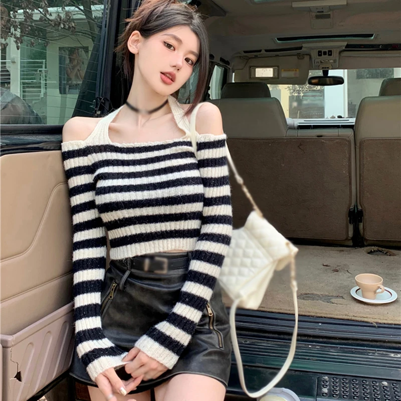 

Fashion Versatile Knitted Long Sleeves Top Stripe Autumn Winter Women's Top