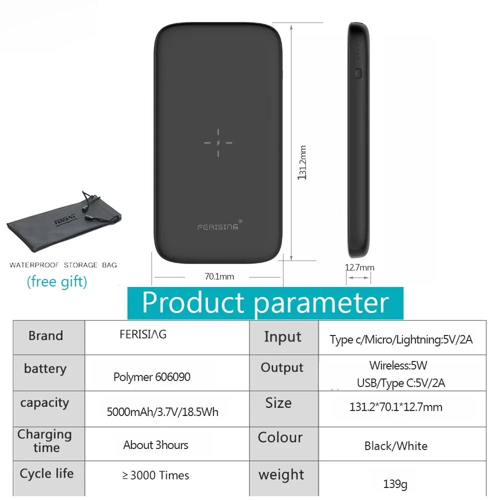 FERISING  3port USB Typc C Wireless Power Bank 5000mAh Portable PowerBank External Battery Charger for iPhone 12 mini Pro Xiaomi 6