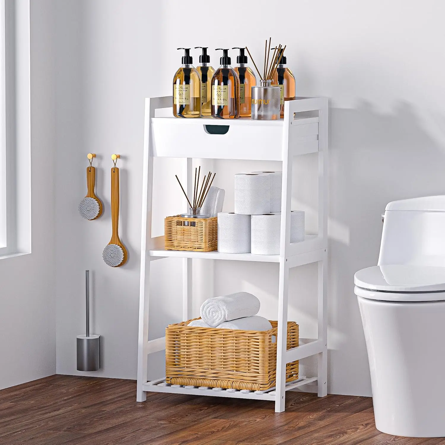 3-Tier Bamboo Shelves with Drawer. Ladder Shelf. Space-Saving. Stylish Nightstand. For Home, Living Room, Kitchen, Office.