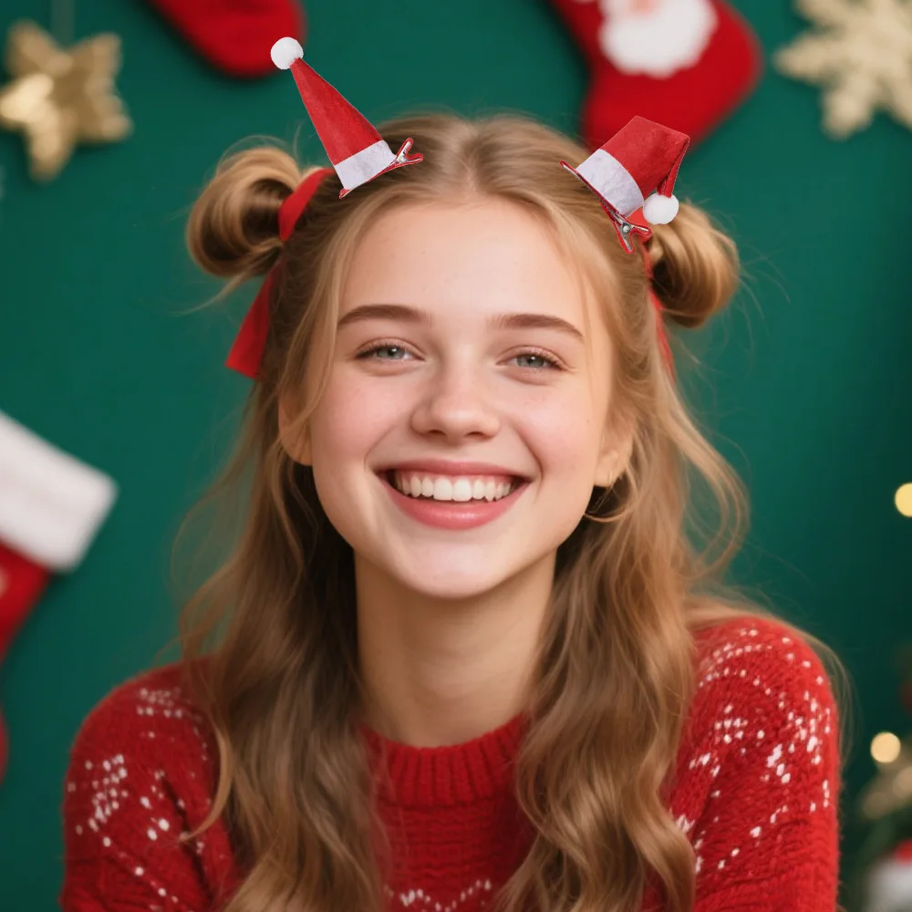 Christmas Santa Hat Hair Clips, 2Pcs Mini Red & White Felt Xmas Hair Accessories, Cute Holiday Party Decor Festive Hair For Wome