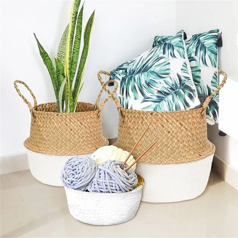 Wicker Baskets for Organizing Bathroom, Seagrass Baskets for Storage,  Wicker Basket With Wooden Handle, Decorative Small Basket 3 Pack 