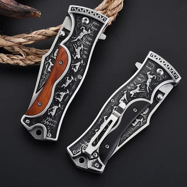 New 3cr13Mov Stainless Steel Carved Flower Wood Handle Folding Knife, Discounted Price, Hunting Knife, Camping Tactical Knife