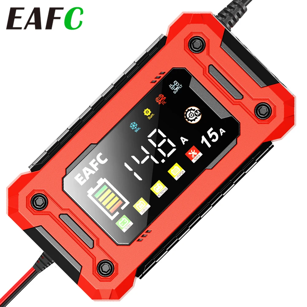 Chargeur de batterie de voiture intelligent 12V15A/8A, grand écran LCD, fonctionne avec des Batteries au Lithium AGM au plomb GEL pour voitures, motos et suv