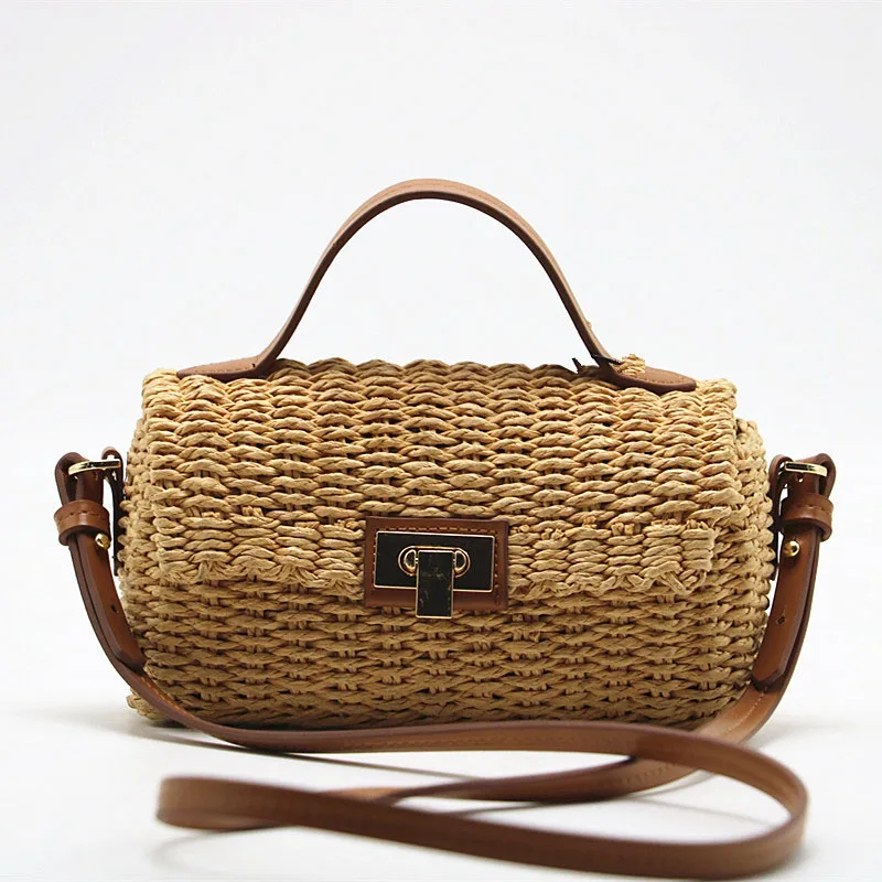 

Handmade Women's Shoulder Bag Summer Straw Beach Bag Bohemian Female Handbags Fashion Square Flap Lock Designer Shopper Purse