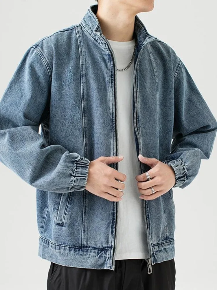 

Stand Collar Denim Jacket Men Casual Autumn Zip Closure Jacket Coat Loose Baggy Blue Retro Jacket Man Fashion Clothing