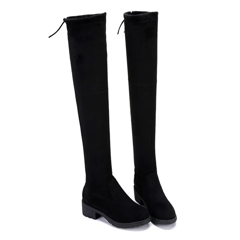 Women Boots Winter Black Over The Knee Boots New Comfort Lace Up Chunky High Heels Shoes Fashion Warm Suede Round Toe