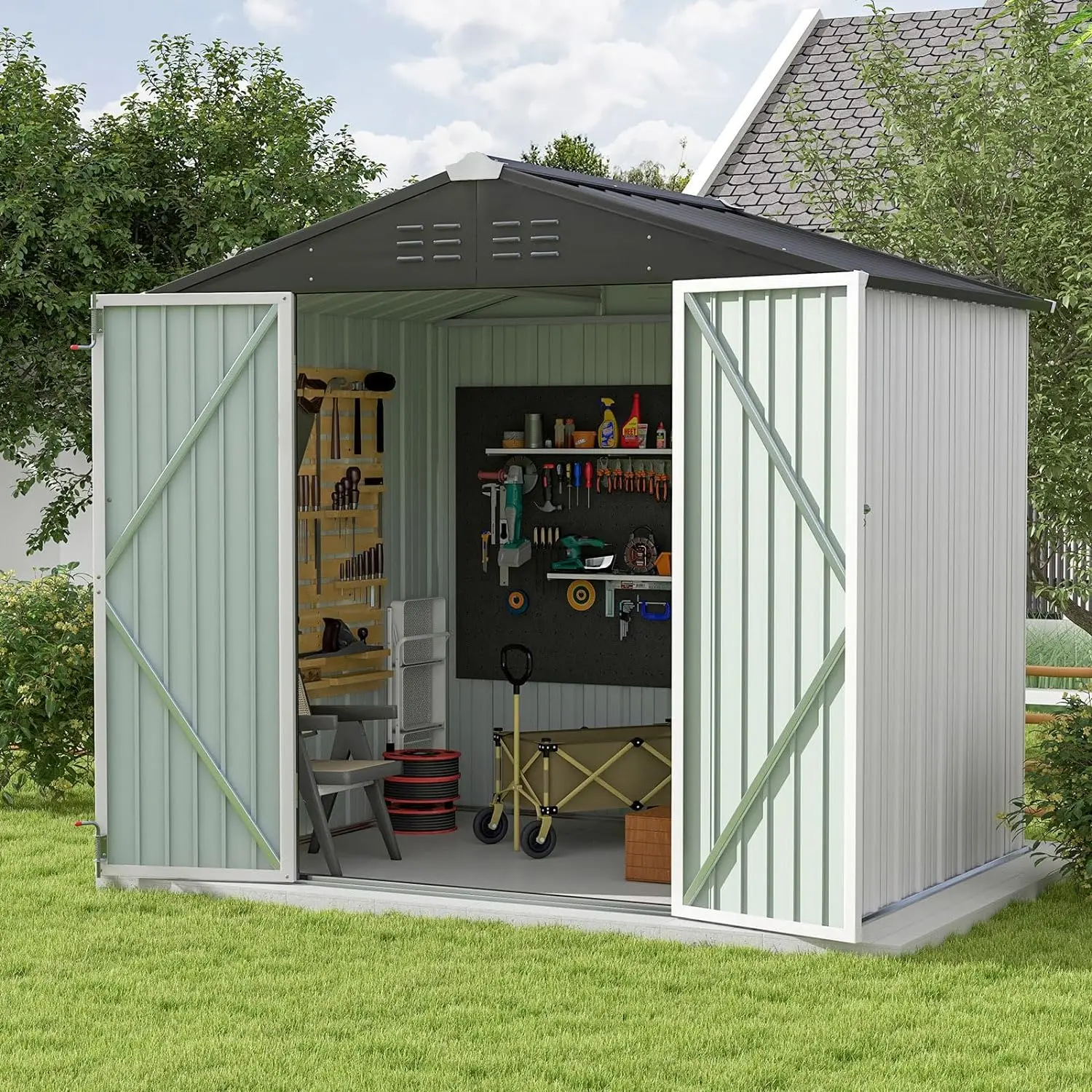 

Outdoor Storage Shed 8x6 FT, Garden Tool Storage Shed with Sloping Roof and Double Lockable Door, Outdoor Shed for Backyard