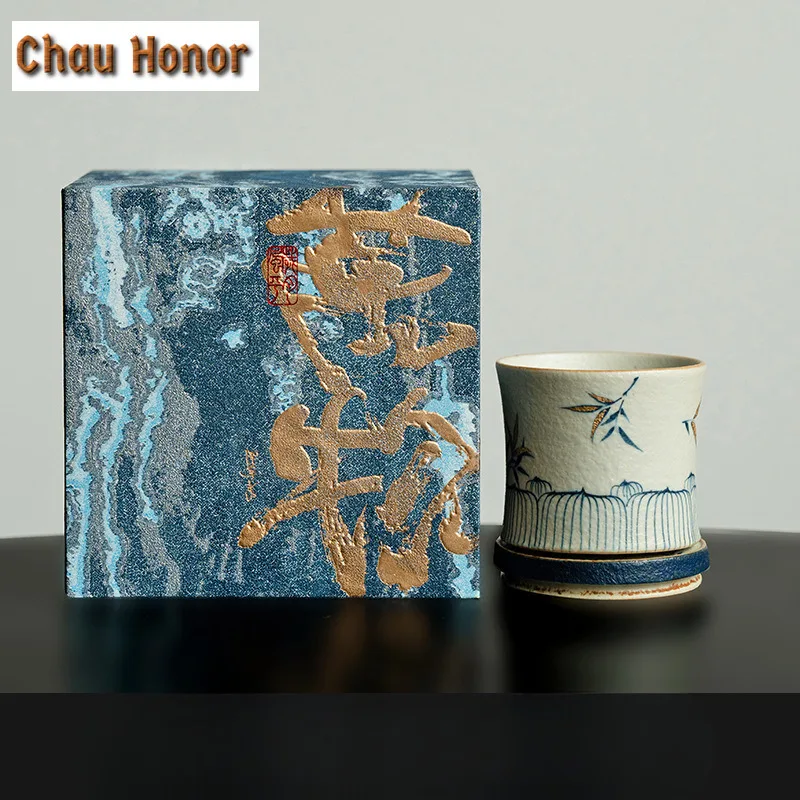 80ml Blue And White Flint Red Teacup Gold Drawing Bamboo Tea Bowl Decompression Spin Cup Meditation Cup Jianzhan Chinese Tea Set