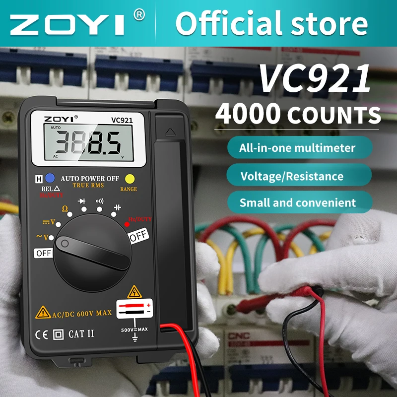 ZOYI Pocket Style Digital Multimeter VC921, 4000 counts True RMS auto range EBTN DC AC voltmeter ammeter capacitor ohm Hz NCV tester