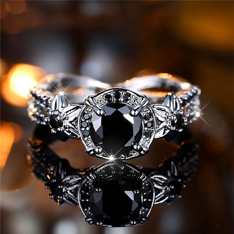Luxury Female Black Round Flower Zircon Stone Engagement Ring Trendy Silver Color Bride Wedding Jewelry Gift For Women