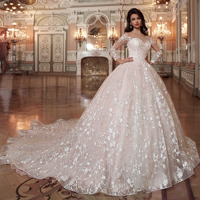 Lovely nude/pale pink princess lace short or long sleeves ball gown wedding  dress - various styles