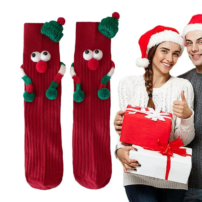 Christmas Women's Socks Cartoon Cute Christmas Middle Tube Socks Funny Couple Holding Hands Magnetic Funny Xmas Gift
