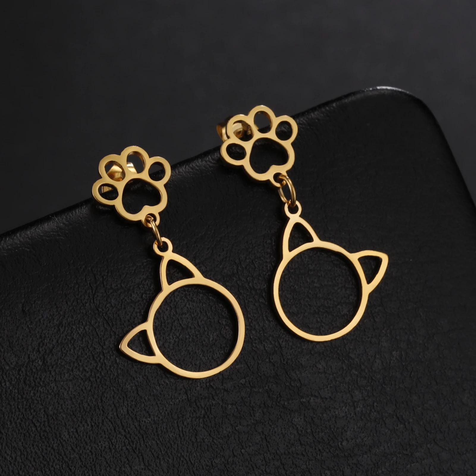 Stainless Steel Gold Color Stud Earrings Cute Cat Paw - PeticaDeals