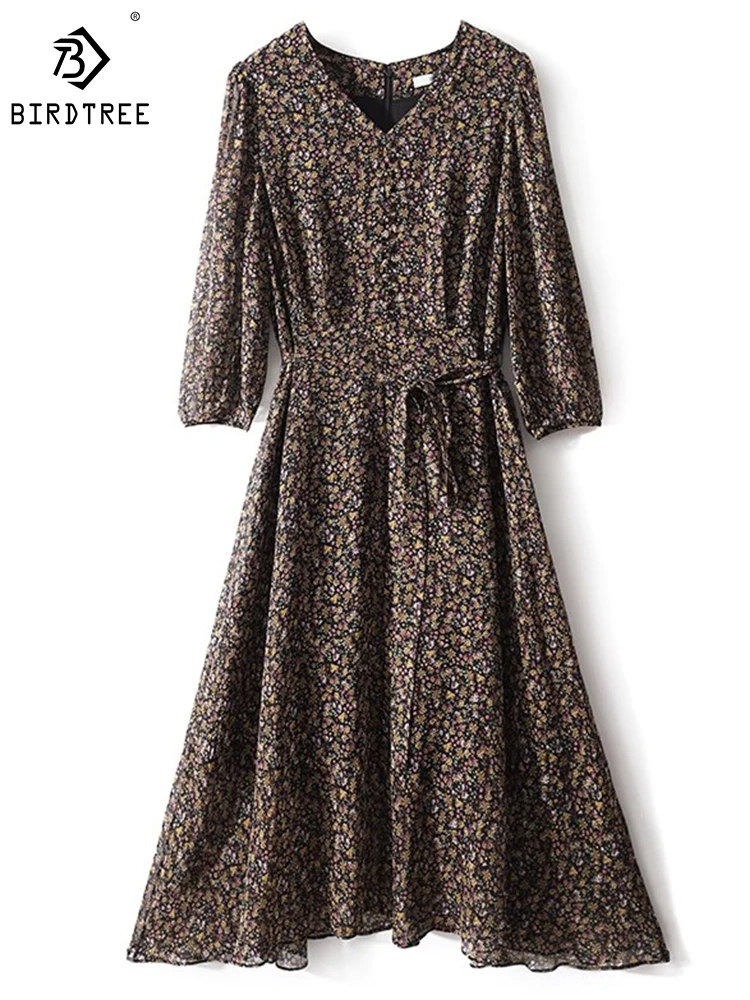 

Birdtree 100%Mulberry Silk Georgette Mulberry Silk V-neck Cropped Sleeves Floral Elegant Laid-back Style Midi Skirt D30798QD