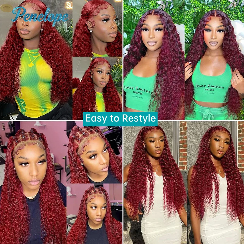 220 Density 99J Burgundy 13x6 HD Lace Frontal Human Hair Wig Pre plucked Colored Brazilian Deep Wave Curly Human Hair Wig 5