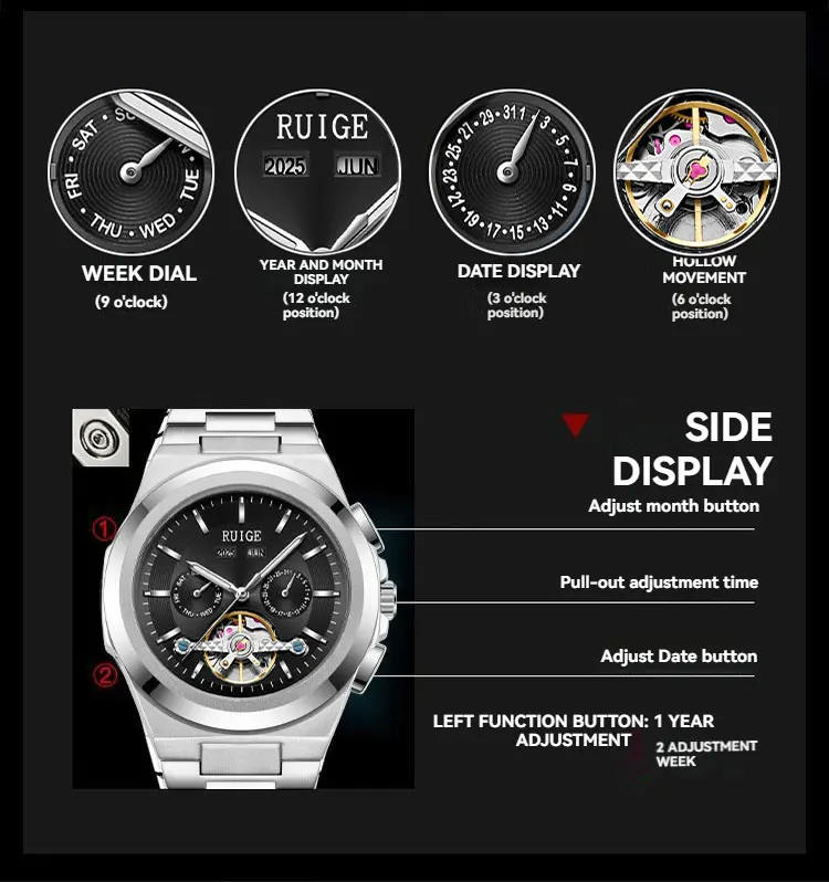 RUIGE Dreäugige sechs Nadeln hohles Nachtlicht Edelstahlarmband automatische mechanische Uhr Mode Herrenarmbanduhr – Detail 5