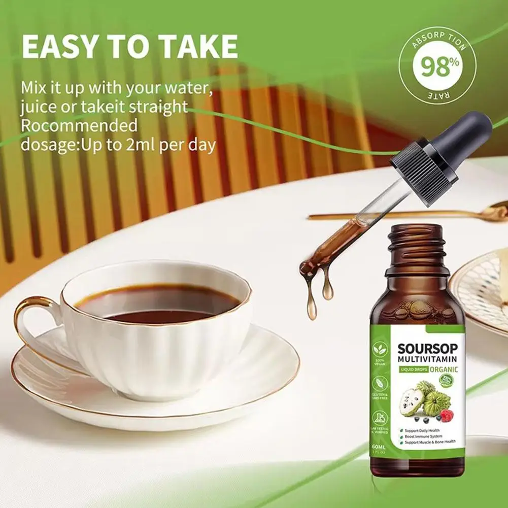 60ml Soursop Multivitamin Liquid Drops Dietary Supplement Support Muscle&Bone Daily Health Boost Immune System