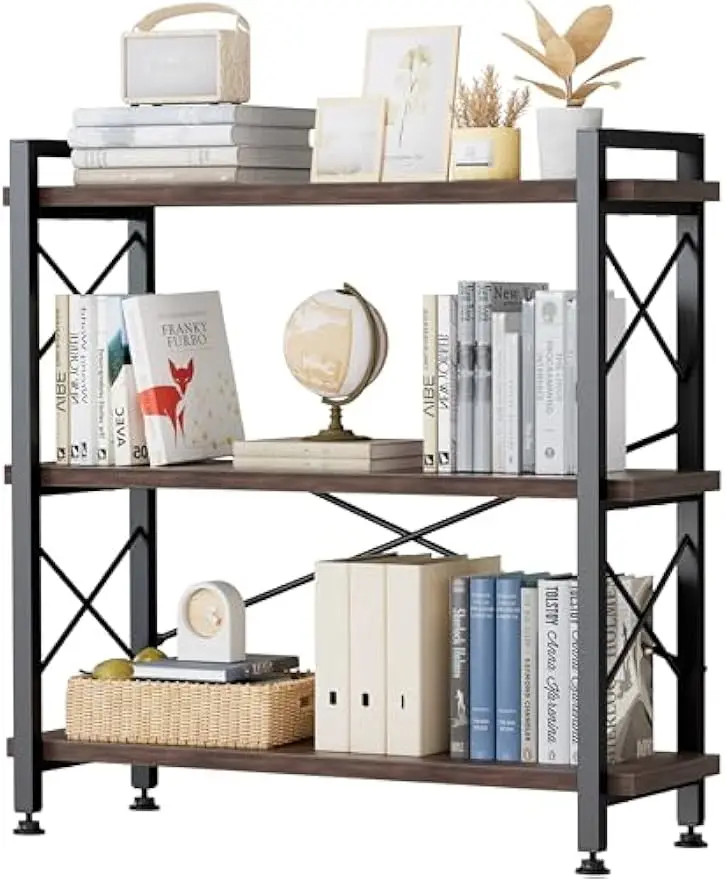 3 Tier Bookshelf Bookcase, 35.5'' Width Wood & Metal Open Book Shelf, Freestanding Industrial Display Shelf, Rustic Storage
