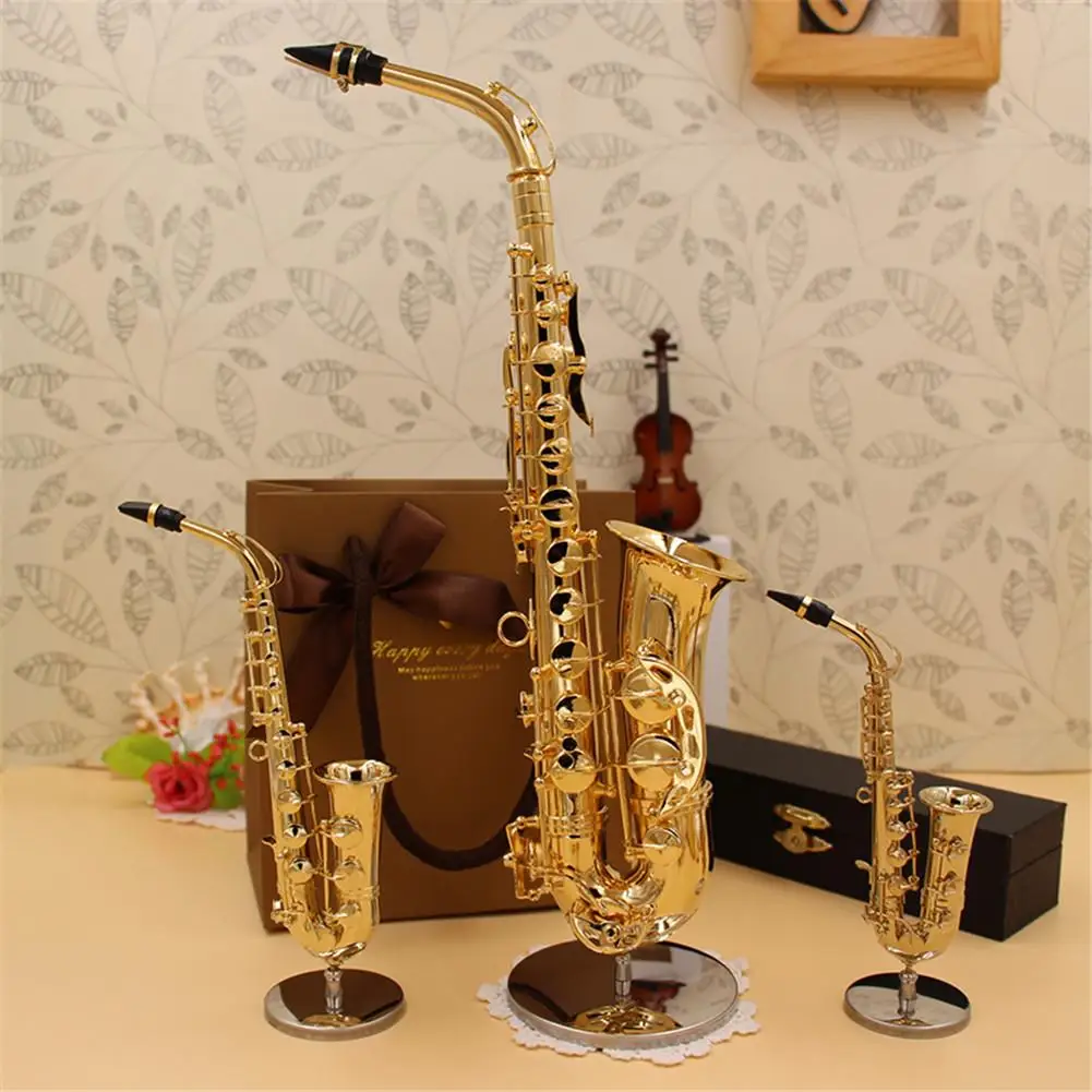 Mini Saxophone Model Musical Instrument Copper Brooch Miniature Desk Decor Display With Box + Bracket