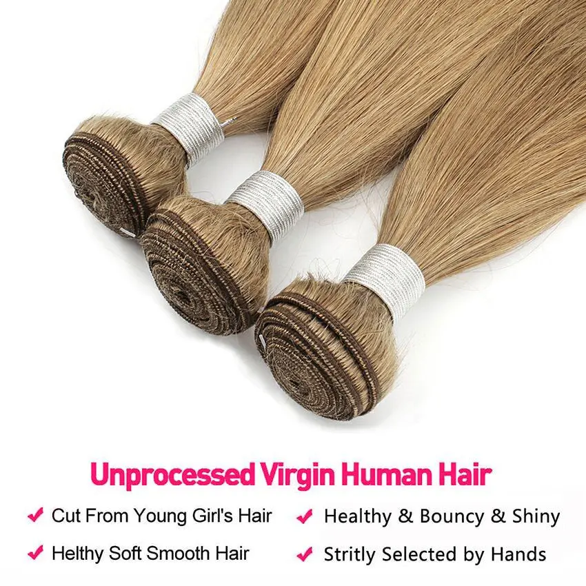 Color #8 Ash Blonde 3/4 Bundles Straight Double Weft Human Hair Bundles Brazilian Remy Hair Weave Extension 10-26 Inches