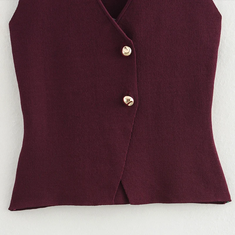 Fashion Single Breasted Knitted Vest Top Women Wine Red V-Neck Sleeveless Sweater Tank Female Autumn Chic Lady Knitwear New