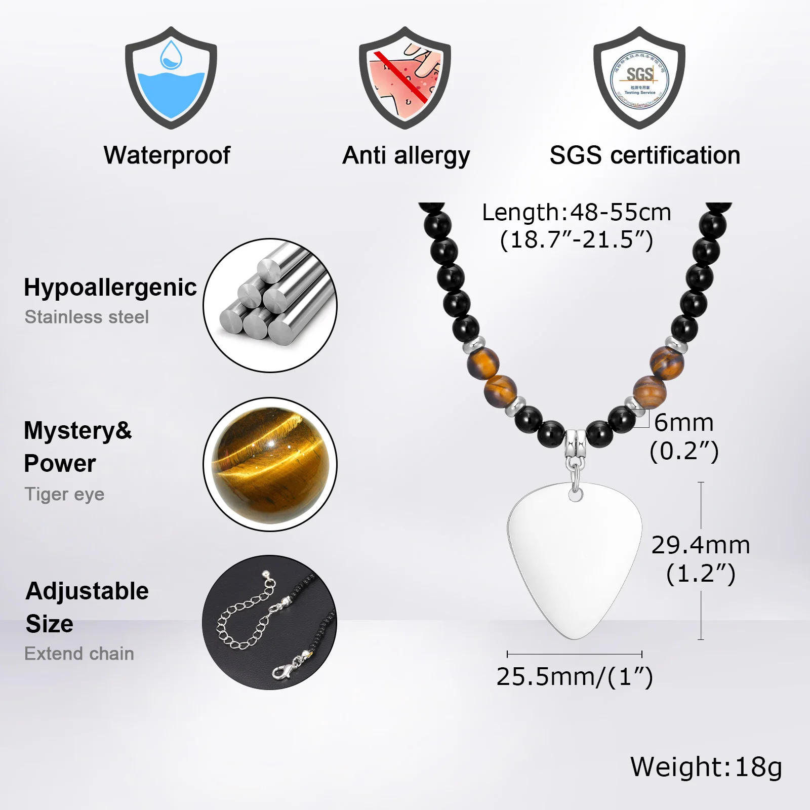 Herren-Kreuzanhänger-Halsketten, Wasserdichte Halskette mit schwarzen Tigeraugensteinperlen, Geschenk zum Vatertag oder Geburtstag für Ihn – Detail 4