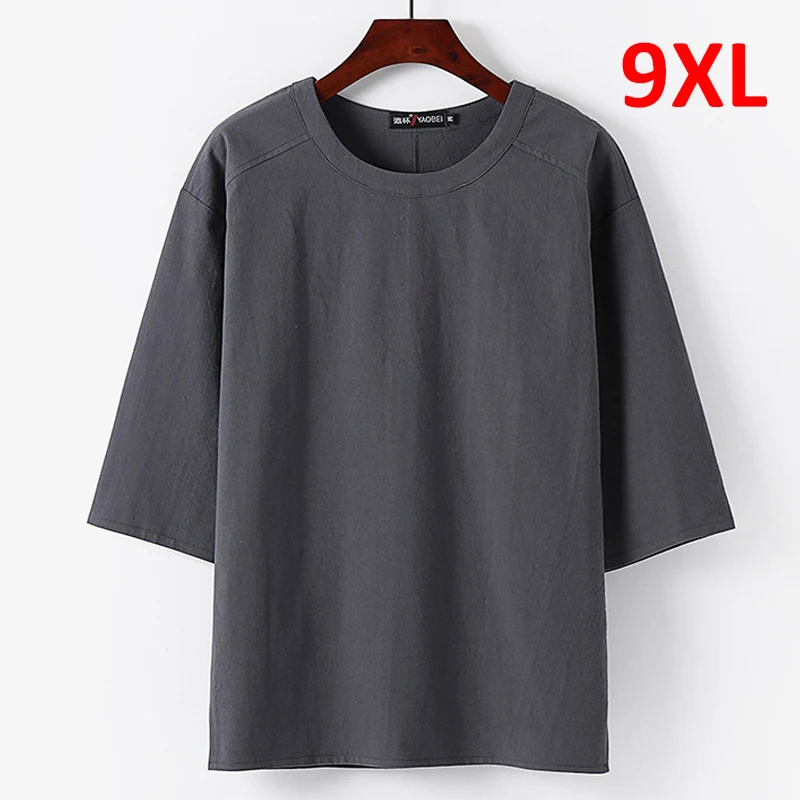 

8XL 9XL Plus Size T-shirt Men Summer Linen Tshirt Solid Color Fashion Causal Three Quarter Sleeve Shirt Male Tops Tees Big Size