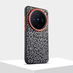Painted Graffiti Leather Mobile Phone Case with Large Hole Metal Lens Cover for Vivo X200 (Black)