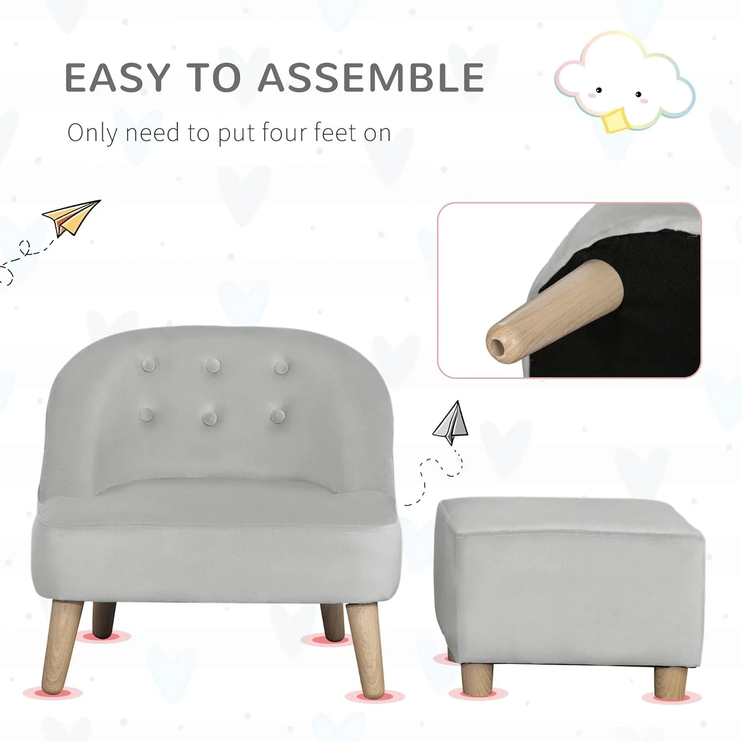 Qaba Kids Sofa Set, Toddler Chair, Sofa & Ottoman for Bedroom, Playroom, Children's Couch for 3-5 Years, Grey 3