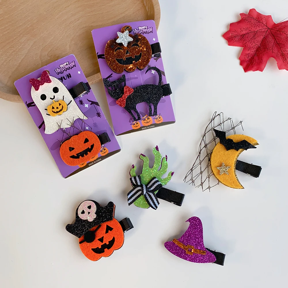 2 Pieces Halloween Headdress Funny Hairpins Personalized Bat Pumpkin Dress up Girls Hairpin Party
