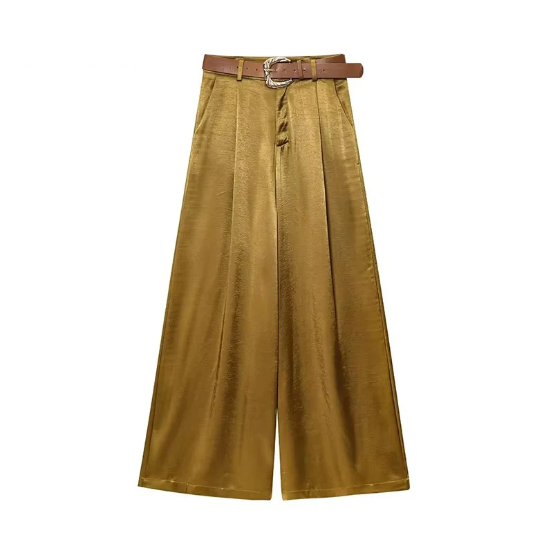 Women's Elegant Chic Belt Wrinkles Decorate Casual Loose Long Pants Woman Solid Side Pocket Zipper Slim Wide Leg Pants
