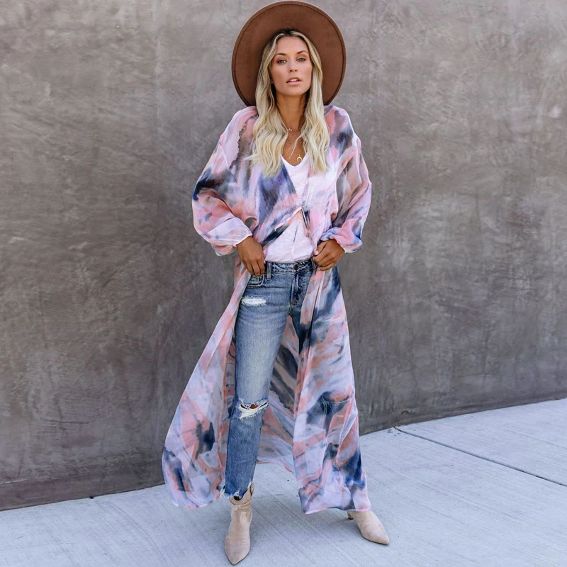 

AYUALIN Beach Wear Long Sleeve Cover-Ups Deep V Oversize Cover Up Summer 2022 Boho Loose Tie Dye Summer Kimono Dress for Women