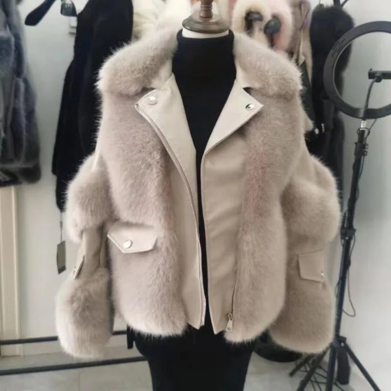 2023 Winter New Women Faux Fur Coat Fashionable Slim-Fit V-neck Casual Short Outwear Temperament Socialite Thicken Warm Jacket