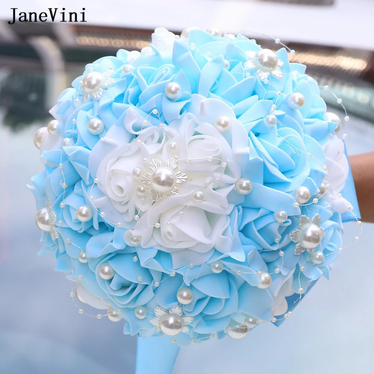JaneVini Cheap Sky Blue Wedding Flowers Bridal Bouquets with Pearls Artificial Foam Roses Fake Wedding Bouquet Party Accessories