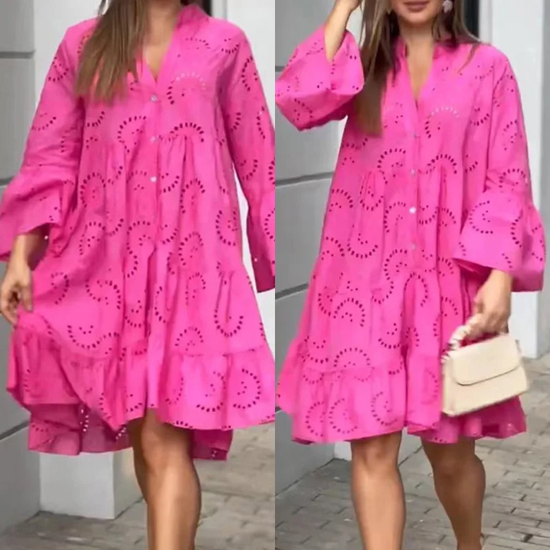 

Autumn Embroidered Lace Dress Women's Elegant Vintage V-neck Flare Sleeve Hollow out Tank Top Sexy Holiday Beach Mini Dress