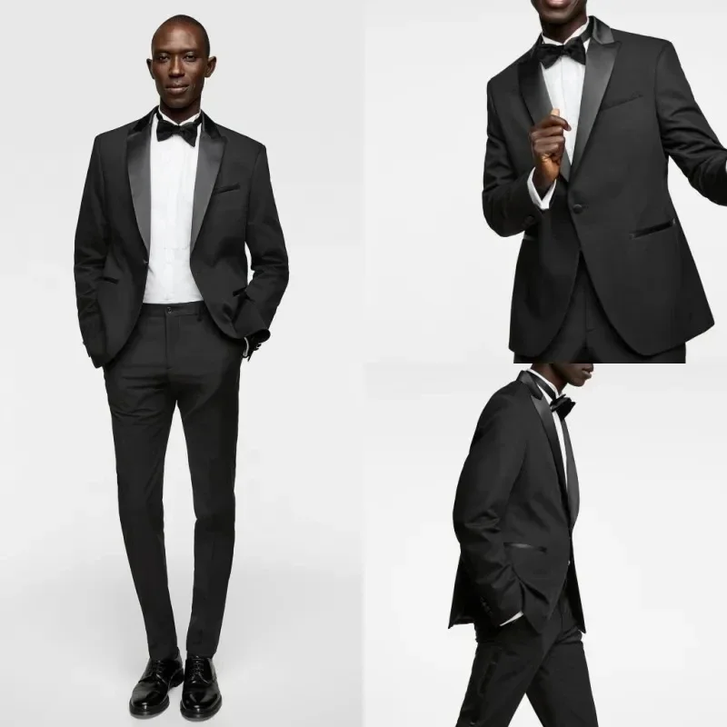 Costume Homme Black Suits for Men Peak Lapel Single Breasted Slim Fit Elegant 2 Piece Jacket Pants Male Clothing Set Business
