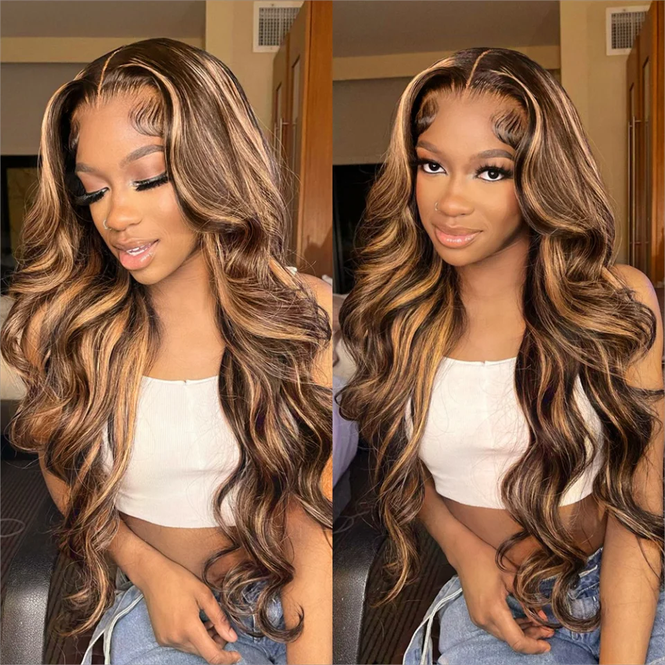 

Body Wave Honey Blonde Lace Front Highlight Wigs Human Hair Glueless Pre Plucked Brazilian Remy 13x4 Hd Lace Frontal Wig