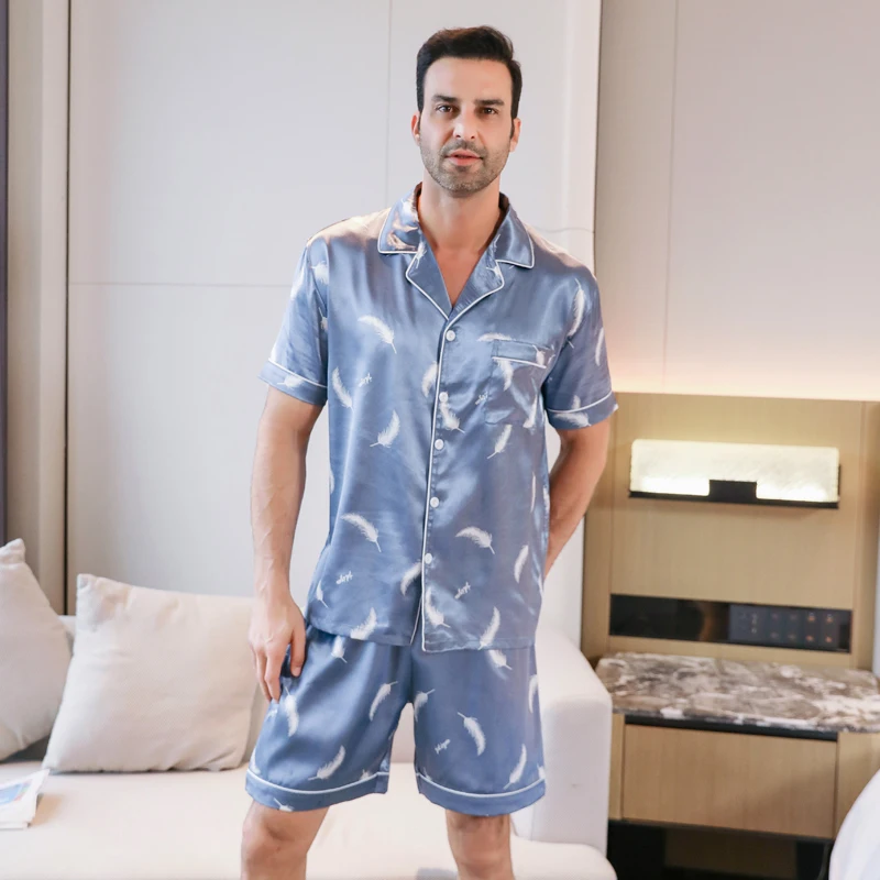 3-piece Pajamas Men's Ice Silk Thin Short Sleeved Shorts Long Pants Feather Print Summer Cardigan Sleepwear Home Clothing Set