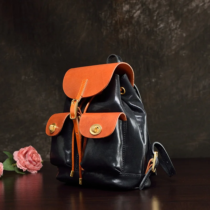 Cowhide backpack British style leather small backpack color contrast Japanese minority travel women's bag leisure 2022 new