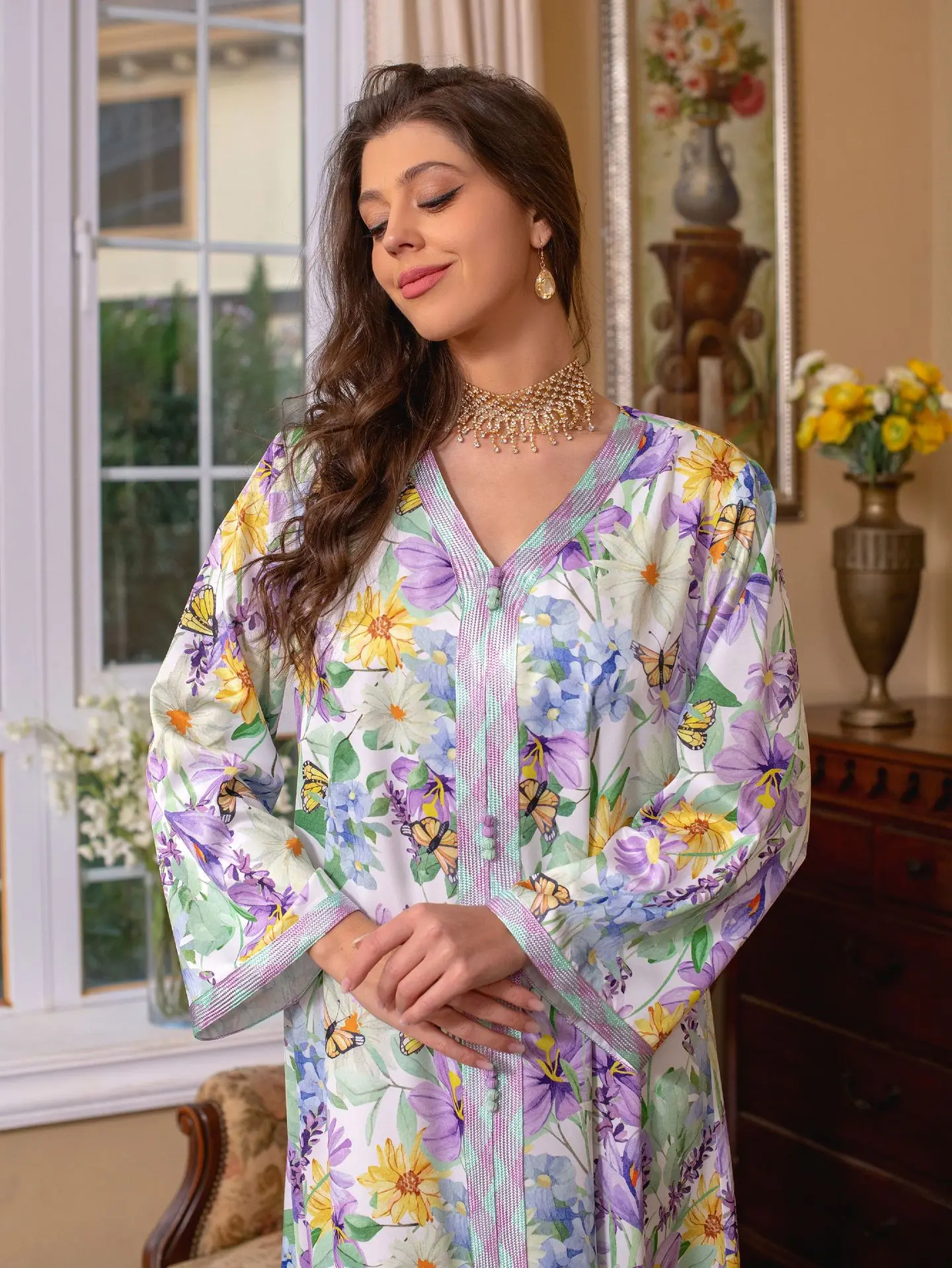 Ethnic Floral Printed Long Dresses Elegant V-Neck Lace Tape Modest Fashion Dress Eid Mubarak Abaya for Woman Free Shipping