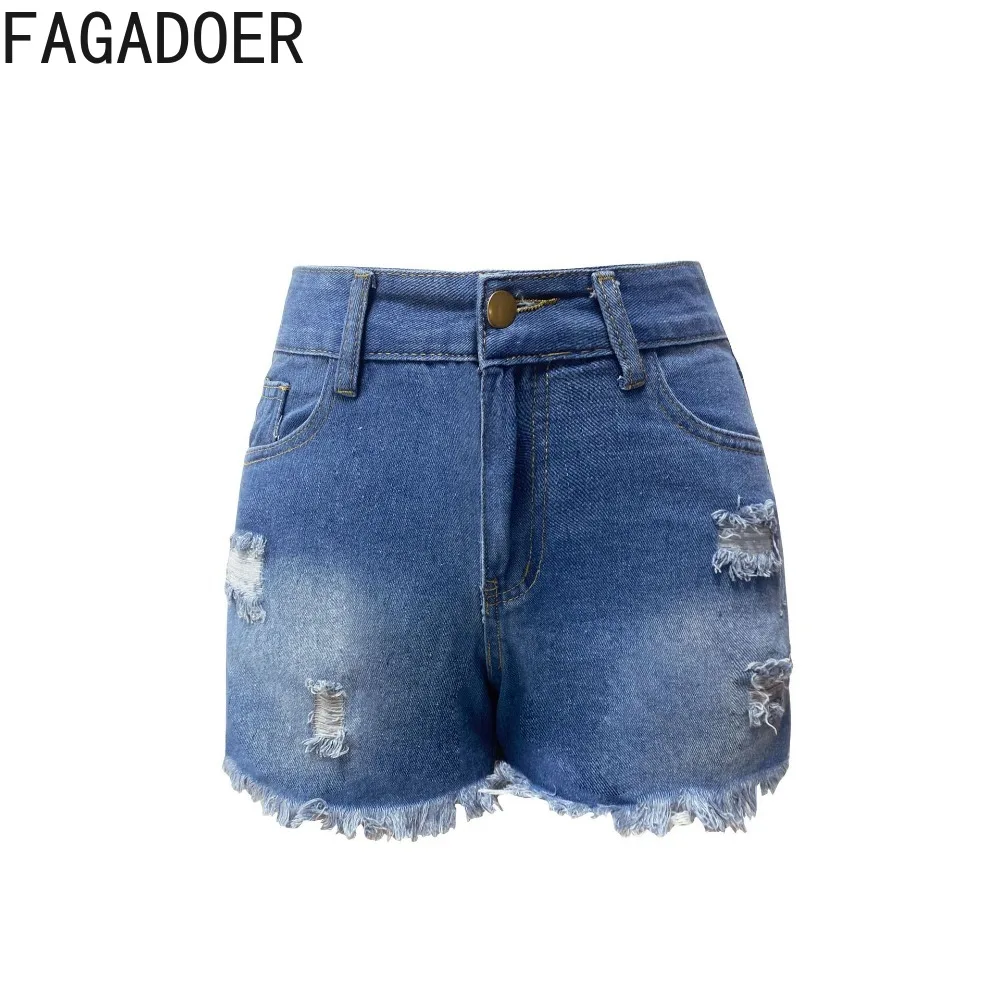 FAGADOER Summer New Hole Flash Denim Shorts Women High Waist Button Slim Jean Bottoms Fashion Female Solid Color Matching Shorts
