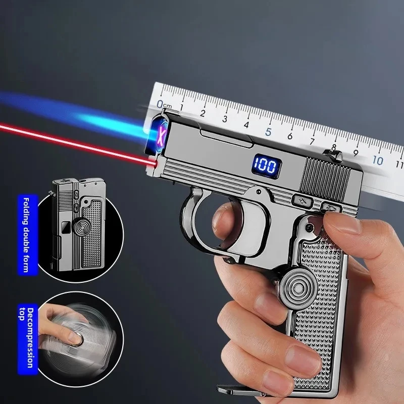 New Metal Gas Electric Dual-use Laser Lighter Windproof Multifunctional Folding Rotating Inflatable Lighter Men's Smoking Gift