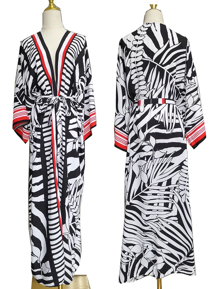 Vertuschungen Rayon Strand Kimono Print Robel Plage Tunika für Strand gürtel Big Kaftan Pareos de Playa Mujer langes Kleid Beach wear