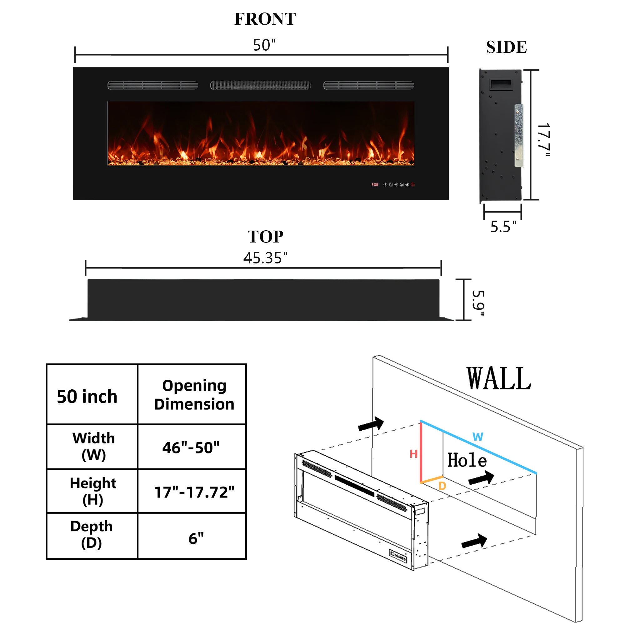 50 Inches Recessed Wall Mounted LED Electric Fireplace Manufacturer Decorative With 13 Flame Colors Timer