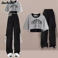 Women's 2025 Summer New Tracksuit Matching Set Korean Elegant Loose Short Sleeved T-shirt+suspender+Cargo Pants Three Piece Suit 1