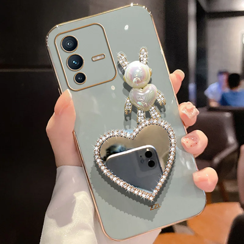 

Cute Glitter Rabbit Ears Plating Case For Vivo Y22 Y76 Y75 Y35 Y21 Y15S V25 V21E V23 Y51 Y52 Silicone Bling Heart Mirror Cover