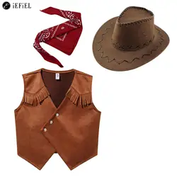 Western Rodeo Cowboy Cowgirl Costume for Kids Child Fringe Vest with Hat Bandanna Halloween Cosplay Party Dress Up Pretend Play