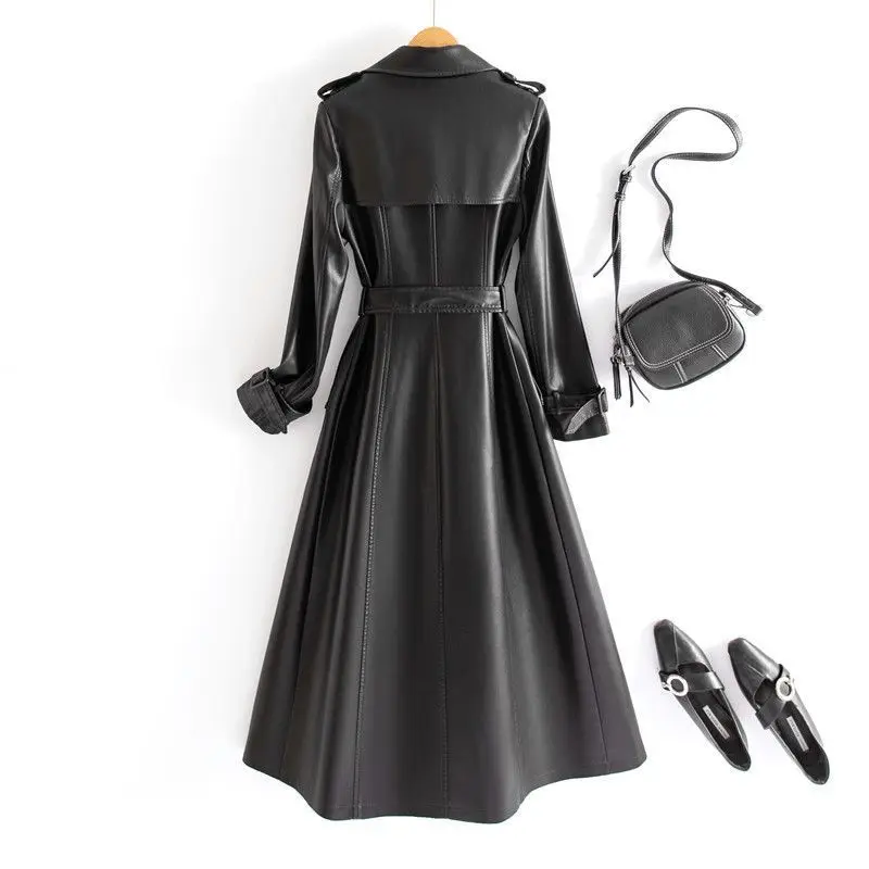 2023 Winter New Women High-End Slim-Fit Leather Coat Female Temperament Long Sheepskin Trench Outcoat Casual Versatile Outerwear