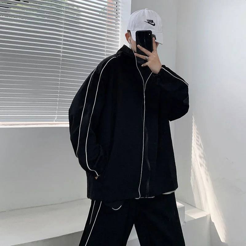 2 Piece Street Trend Sports Fashion Casual Pants Sets New Stand Collar Jacket Men Striped Long Sleeve Loose Coat Top Casual Suit